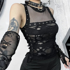 Gothic Trendy  Fishnet Backless Steampunk Rave Party Crop Top