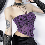 Gothic  Irregular Bandeau Halterneck Flocked Backless Crop Top