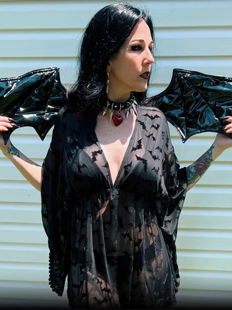 Grunge Aesthetic See Through Black Goth Lace E-Girls Chiffon Graphic Bat Night Club Dress Main image