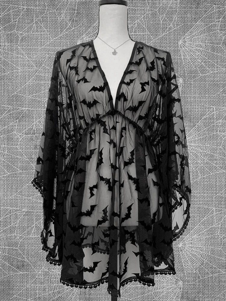 Grunge Aesthetic See Through Black Goth Lace E-Girls Chiffon Graphic Bat Night Club Dress Secondary image
