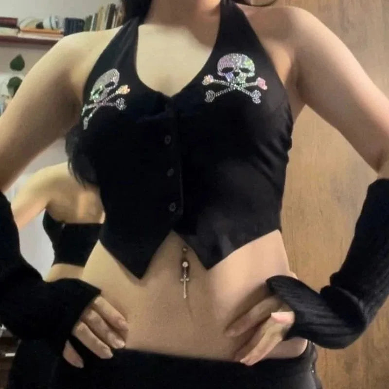 Skull Printed Gothic Hanging Neck Crop Top Main image
