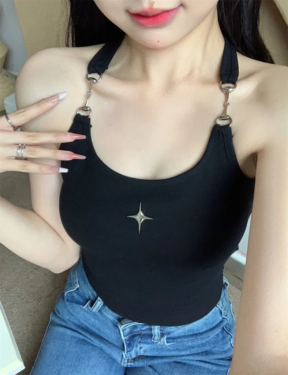 Mysterious Sexy Chain Black Cross Print Black Crop Top