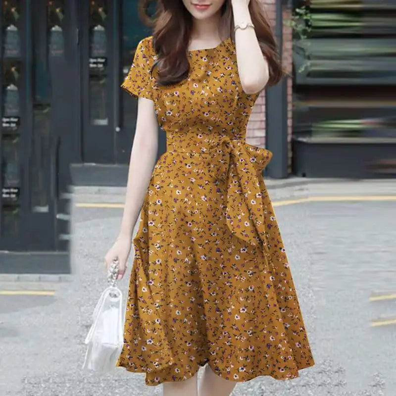 Elegant Short Floral Summer O Neck Holiday Casual Knee Length Robe Femme Midi Dresses