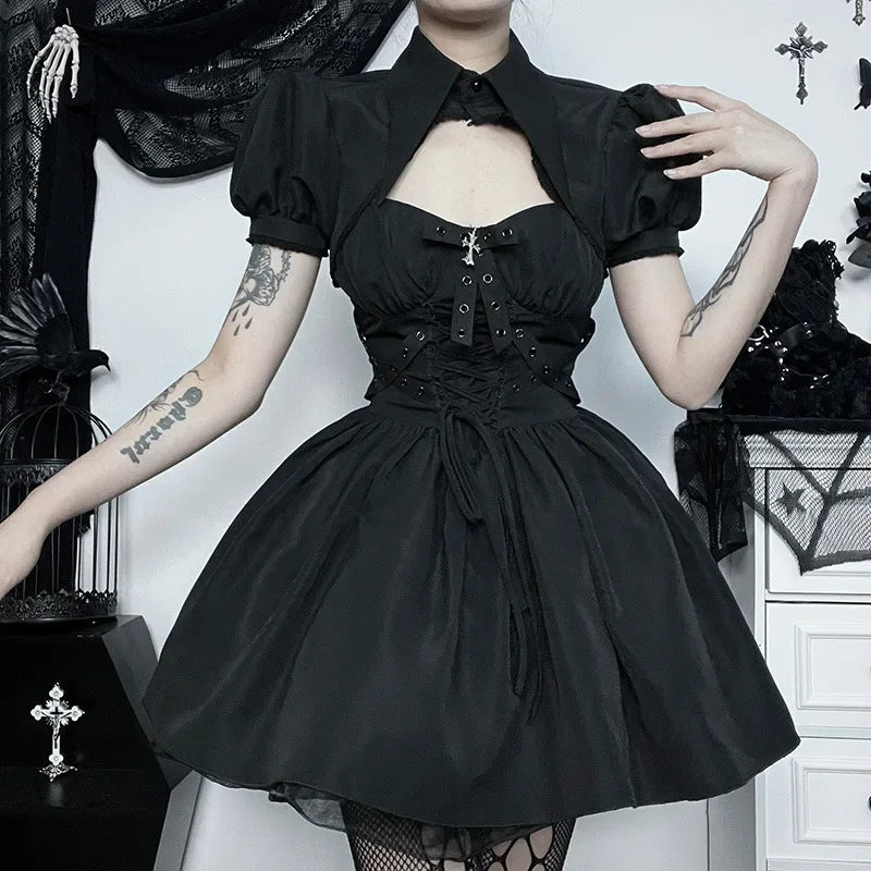 Dark Gothic Spaghetti Strap Elegant Grunge Ruched Bandage Punk Steampunk Dress Main image