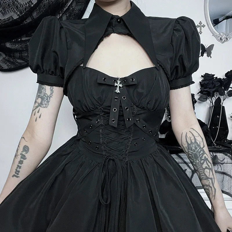 Dark Gothic Spaghetti Strap Elegant Grunge Ruched Bandage Punk Steampunk Dress Secondary image