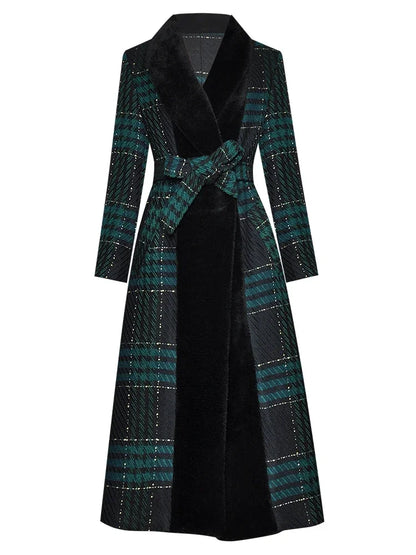 Fashion Designer Runway Fur Long Lace Plaid Warm Coat