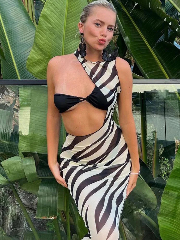 Zebra Transparent Striped Cut Out Vacation Midi Dresses Main image