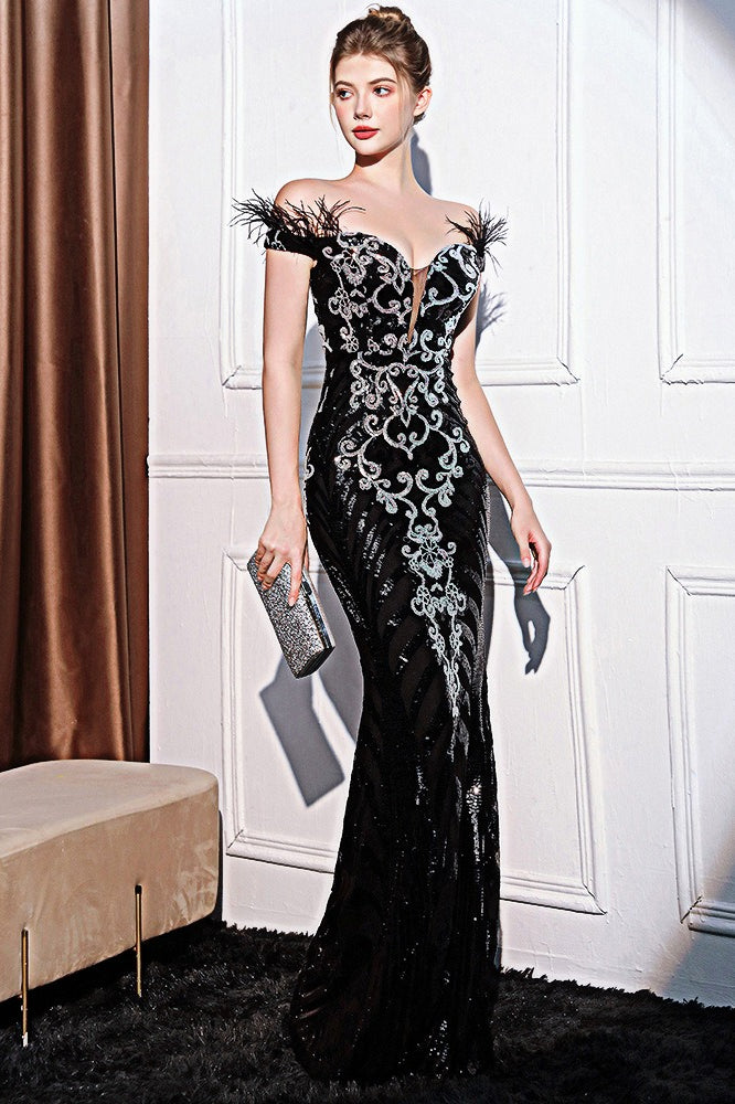 Elegant Off-Shoulder Slim Maxi Sequin Dress Main image