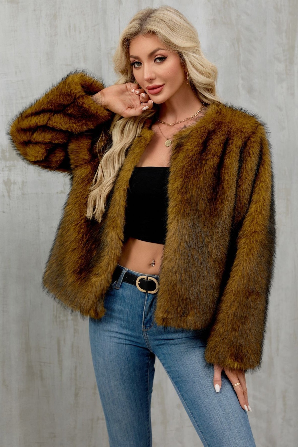 Cropped Faux Fur Zip Coat Secondary image