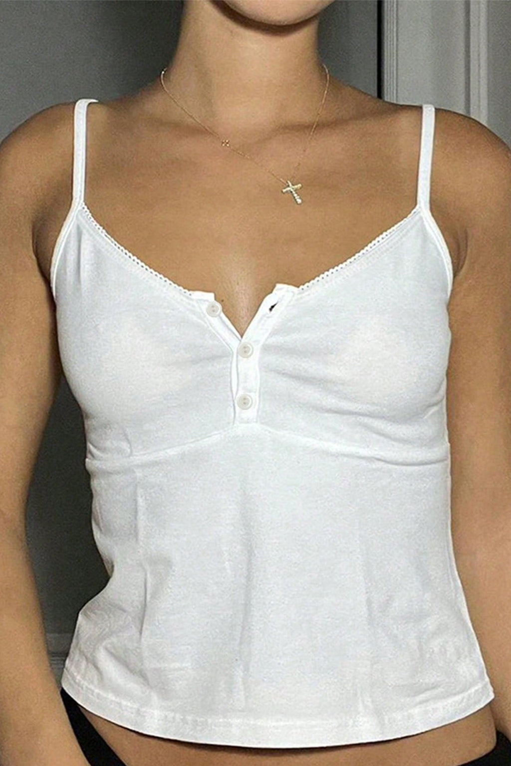 Solid U Neck Button Trim Cropped Cami