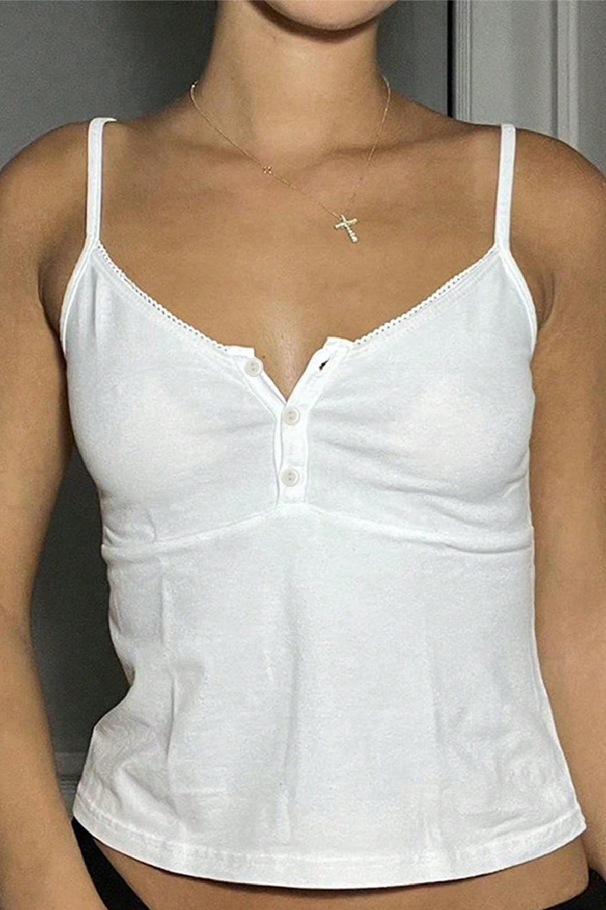 Solid U Neck Button Trim Cropped Cami