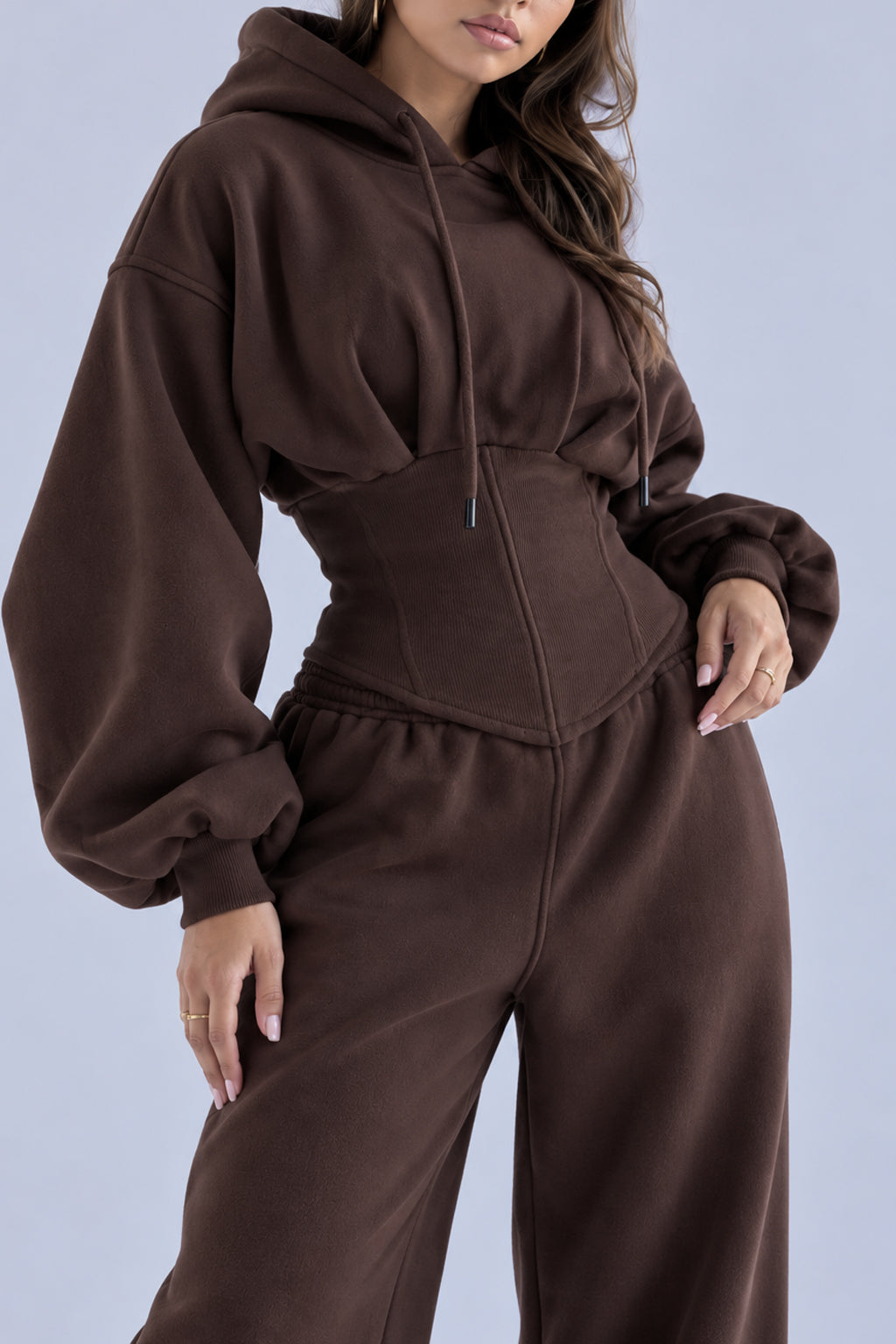 Corset Waist Zip Front Wide Leg Hoodie Two Piece Set