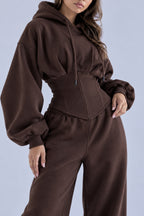 Corset Waist Zip Front Wide Leg Hoodie Two Piece Set