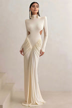 Elegant Solid Turtleneck Long Sleeve Ruched Bodycon Dress