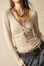 Lace Trim V Neck Ruched Long Sleeve Knit Top