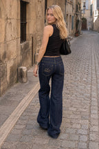Letter Embroidery Vintage Low Rise Slim Flare Jeans