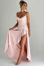 Satin Ruffle High Low Backless Party Dress