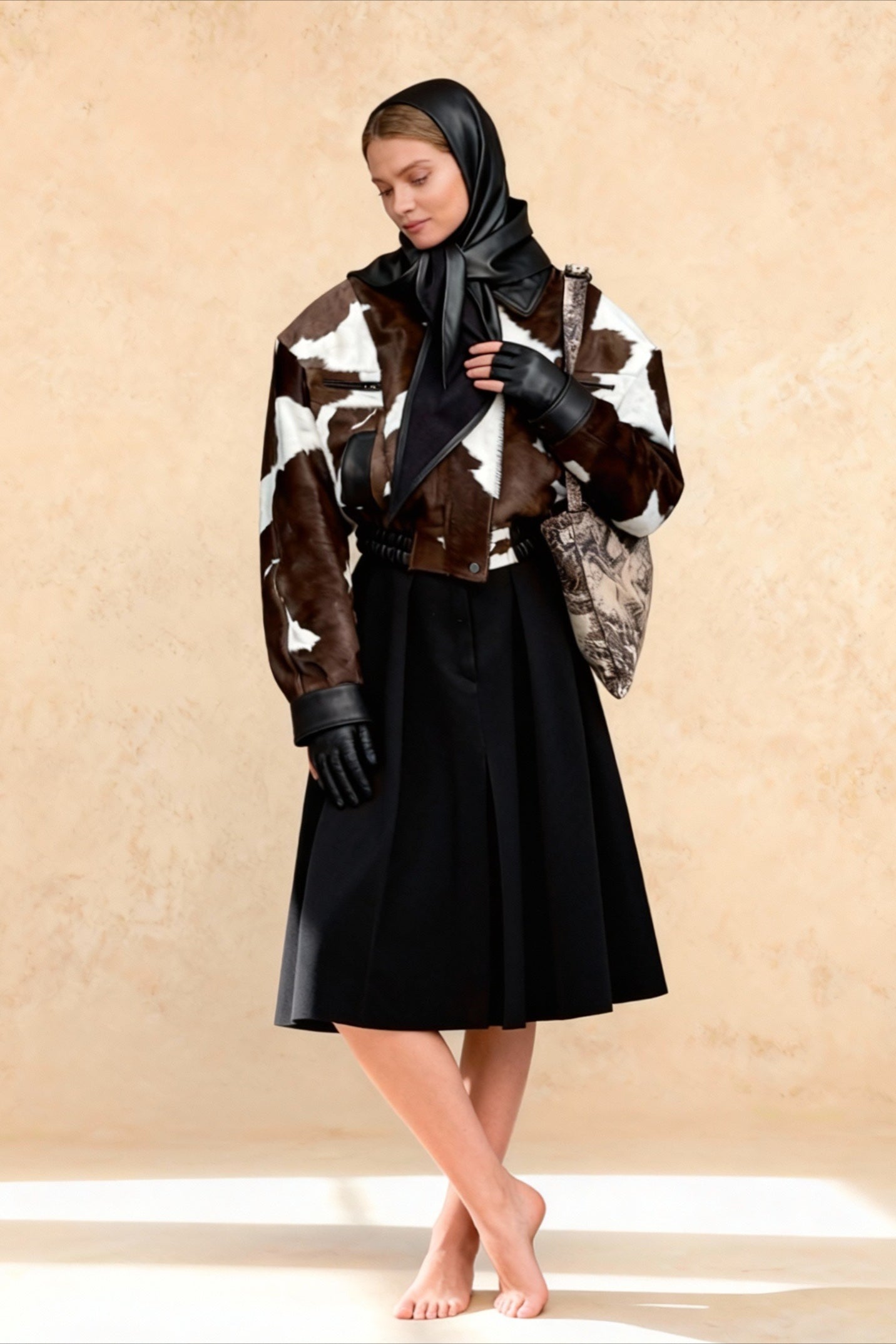 Cow Print Faux Leather Notch Collar Coat Secondary image