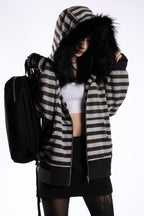 Fur Trim Striped Oversized Zip Hoodie