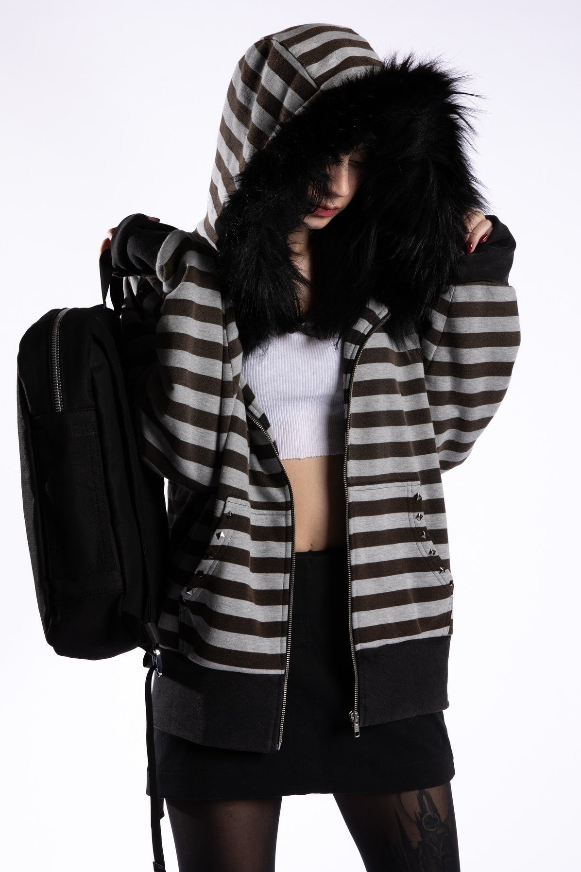 Fur Trim Striped Oversized Zip Hoodie