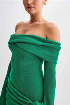 Sheer Spaghetti Strap Off-Shoulder Fitted Knit Maxi Sweater Dress