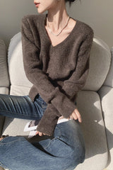Brown V-Neck Soft Knit Top
