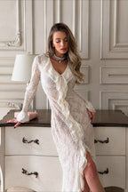 Lace Ruffle V-Neck Fitted Long Sleeve Midi Dress