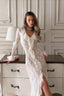 Lace Ruffle V-Neck Fitted Long Sleeve Midi Dress
