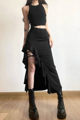 Black Ruffle Trim Slit Bodycon Skirt