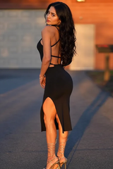 Split Halter Open Back Adjustable Midi Slip Dress