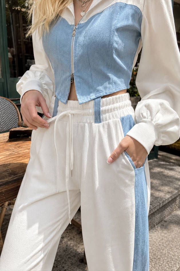 Color Block Casual Hoodie Denim Two Piece Pants Set Secondary image