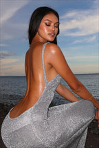 Metallic Open Back Halter Maxi Dress