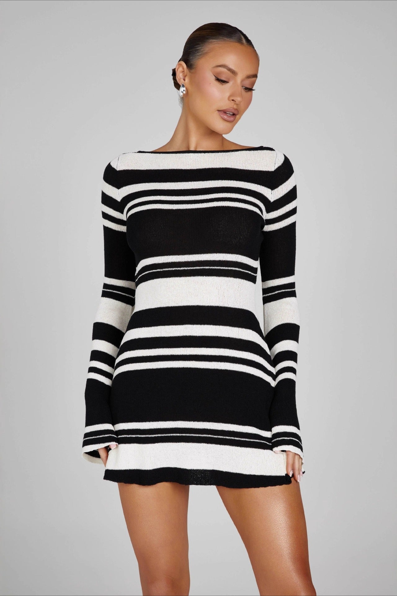 Striped Color-Block Knit Bell-Sleeve Backless Sweater Dress Main image