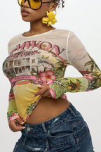 Tropical Graphic Sheer Mesh Long Sleeve T-Shirt