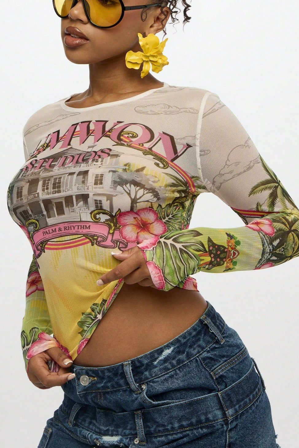 Tropical Graphic Sheer Mesh Long Sleeve T-Shirt