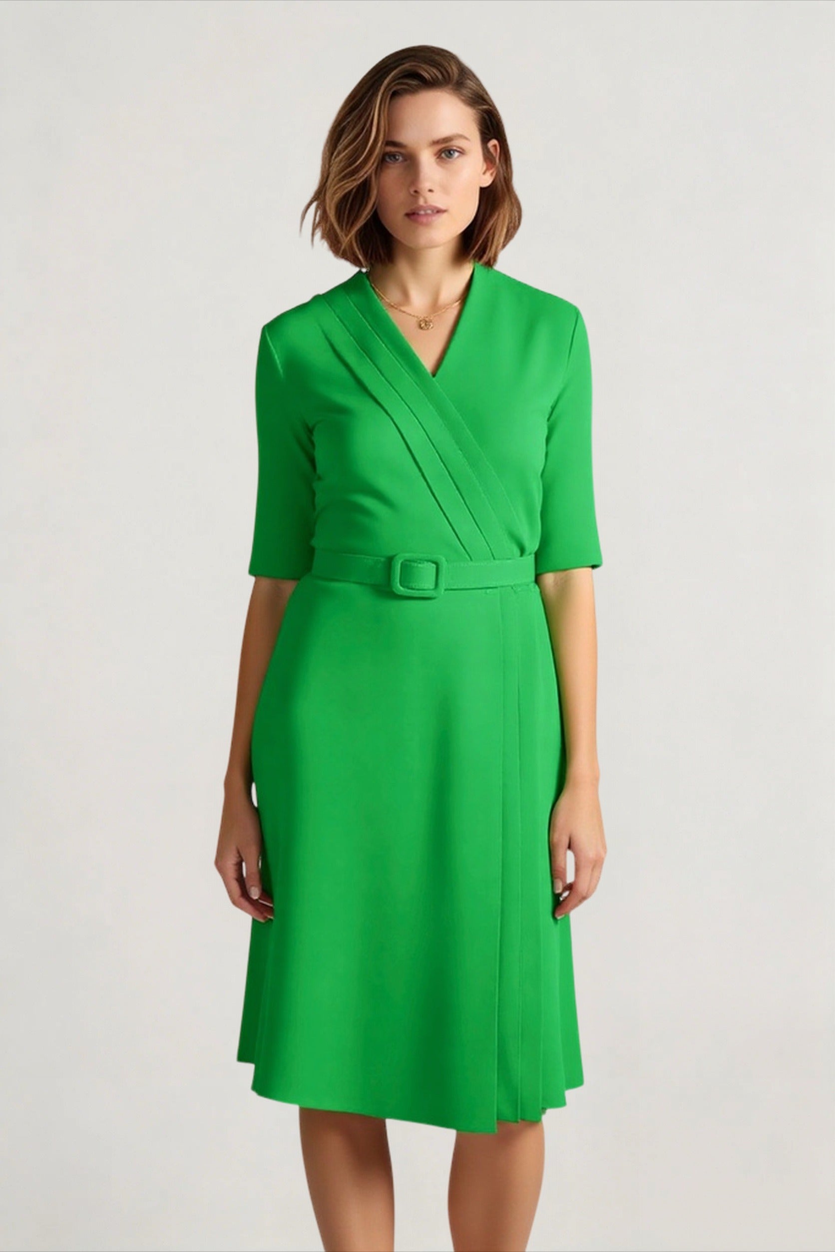 V-Neck Waistband Short Sleeve Solid Pencil Office Dress Main image