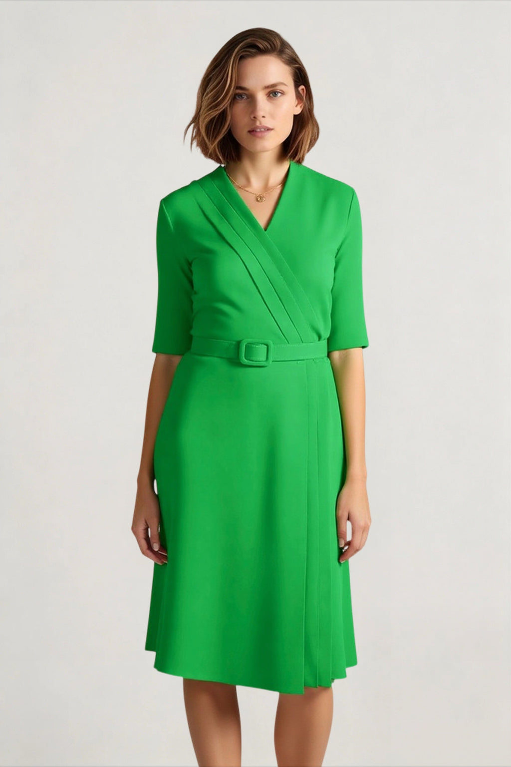 V-Neck Waistband Short Sleeve Solid Pencil Office Dress
