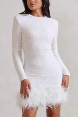Solid Color Sequin Feather Long Sleeve Round Neck  Sequin Dress