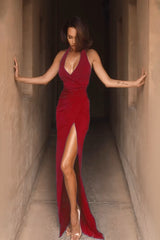 Halter Neck V-Slit Evening Wrap Dress