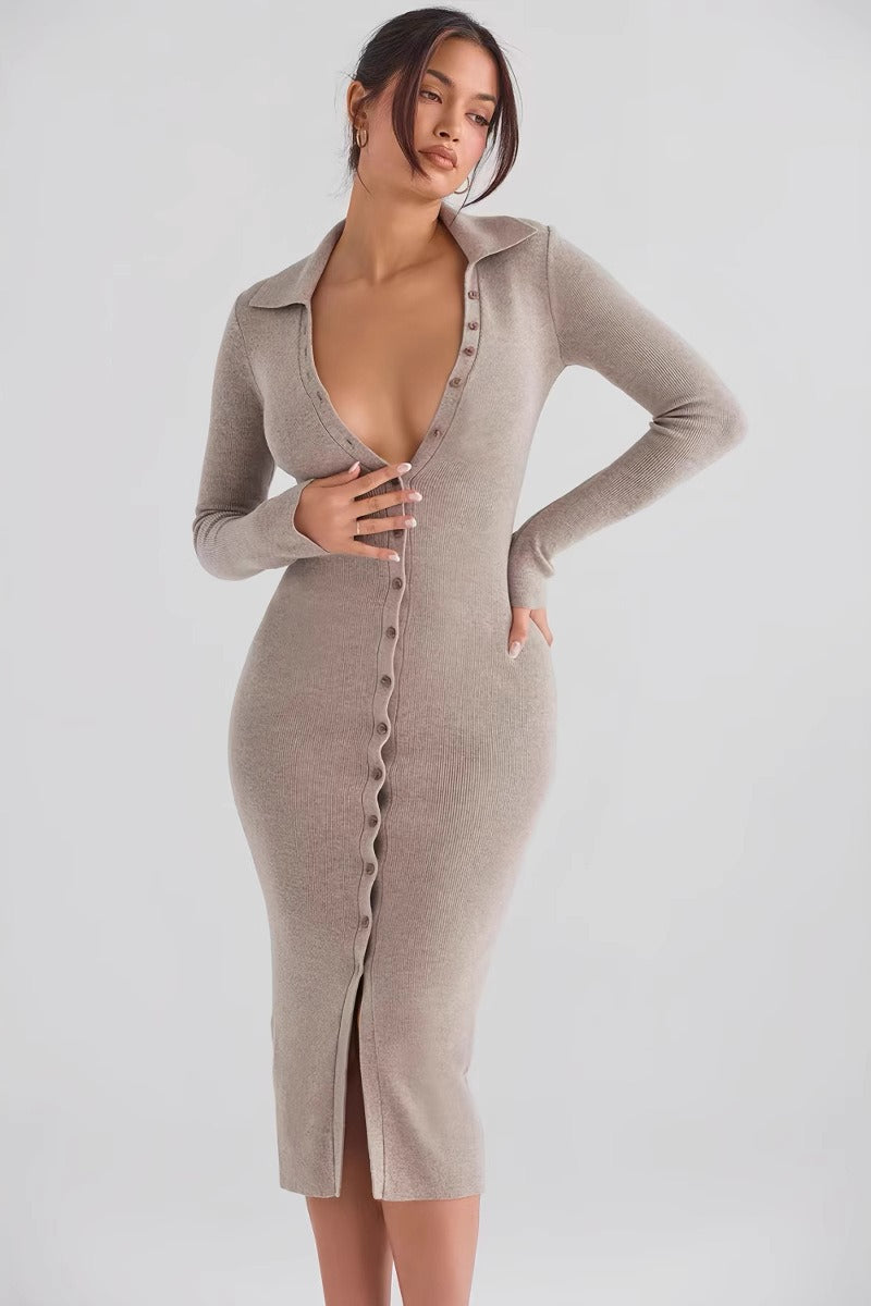 Core-Spun Yarn Knit V-Neck Long-Sleeve Bodycon Midi Sweater Dress Main image