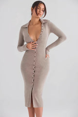 Core-Spun Yarn Knit V-Neck Long-Sleeve Bodycon Midi Sweater Dress