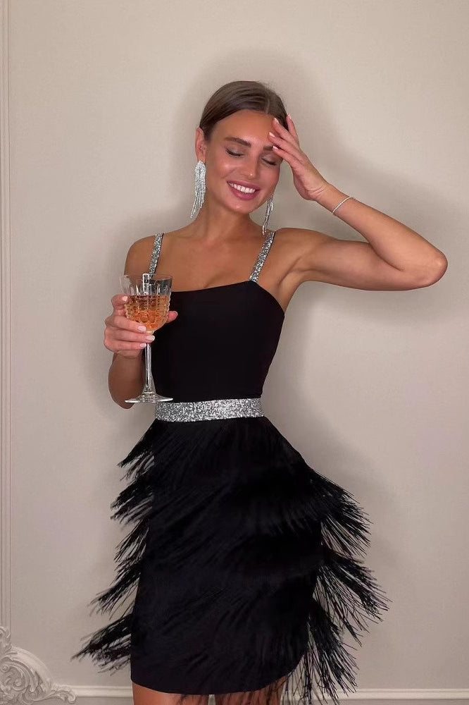Elegant Black White Blue Sling Fringe Midi Cocktail Dress Secondary image