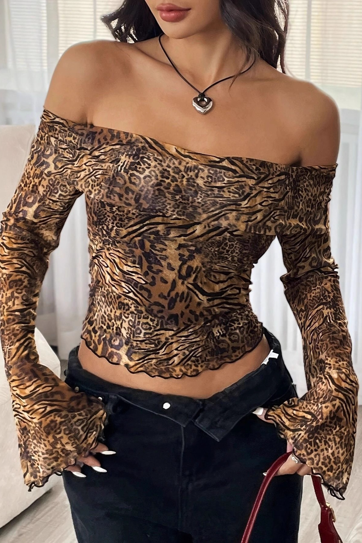 Leopard Mesh Off Shoulder Backless Flare Sleeve Crop Top Main image