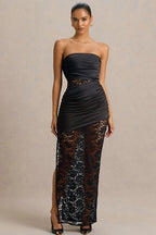 Strapless Sheer Lace High Slit Backless Maxi Lace Dress