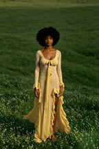 Ruffled Slit V-neck Maxi Dress