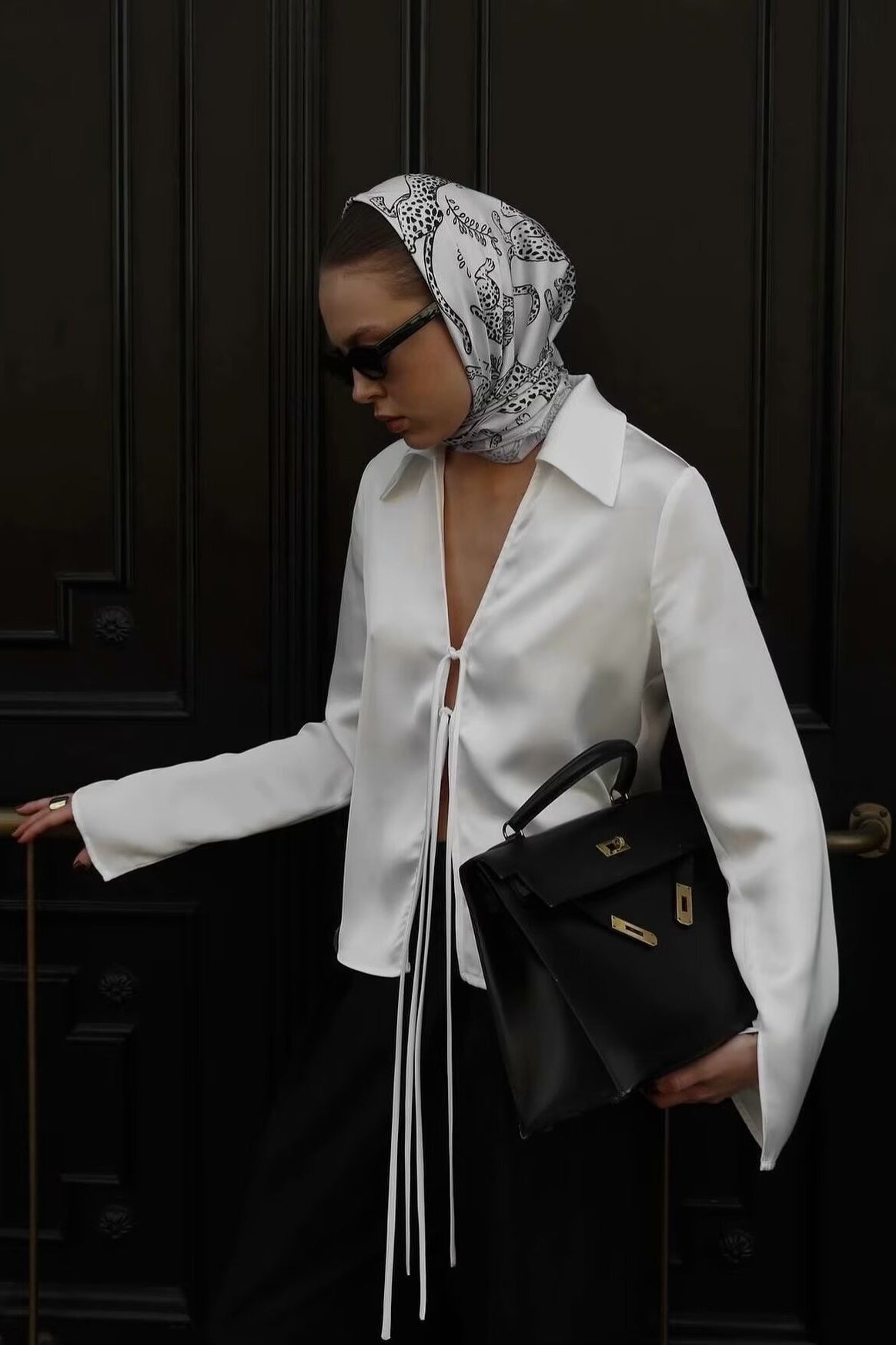 Acetate Satin Bow Tie V Neck Minimalist Long Sleeve Blouse Main image