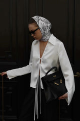 Acetate Satin Bow Tie V Neck Minimalist Long Sleeve Blouse