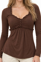 V-neck Ruched Solid Color Vintage Ruched Buttons T-Shirts