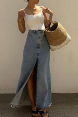 High Waist Denim Slit Maxi Skirt