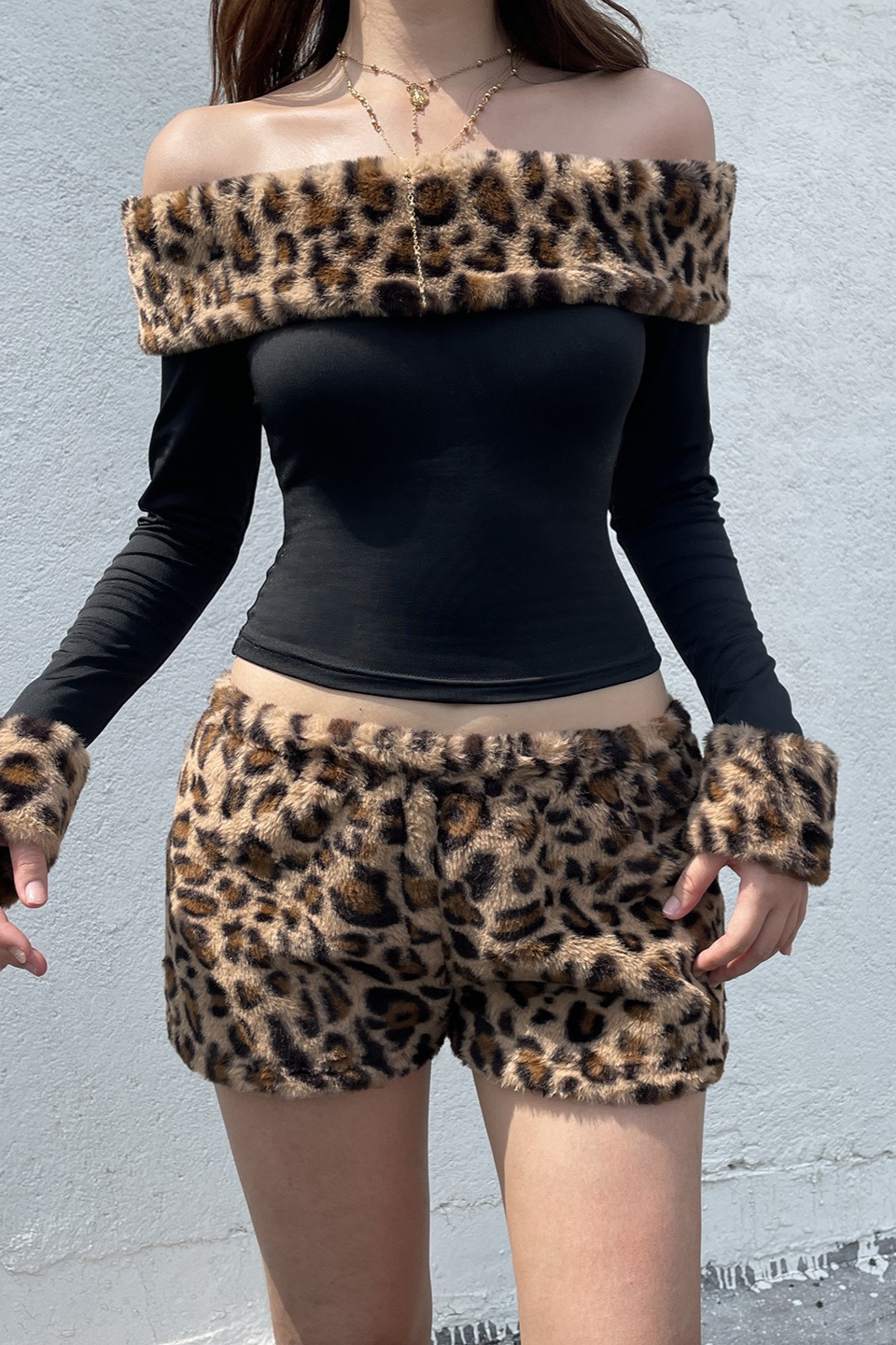 Fuzzy Paneled Leopard Print Off Shoulder Crop Top Main image